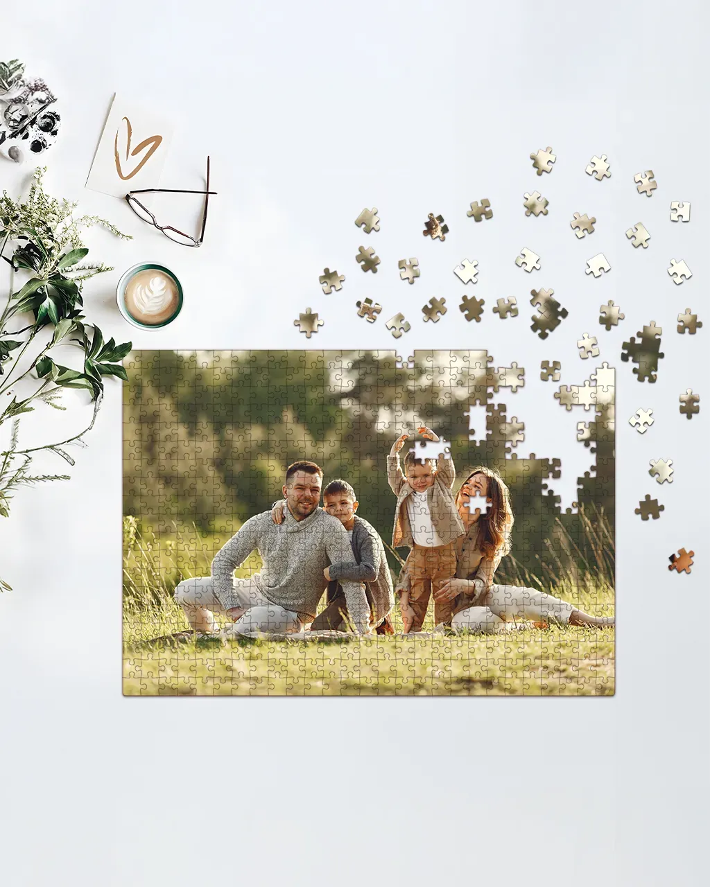A personalized wooden puzzle featuring a heartwarming family photo in an outdoor setting. The puzzle is partially assembled on a light surface with scattered pieces, capturing a beautiful moment of family bonding, ideal for a thoughtful gift or quality time activity for families, weddings, or special occasions