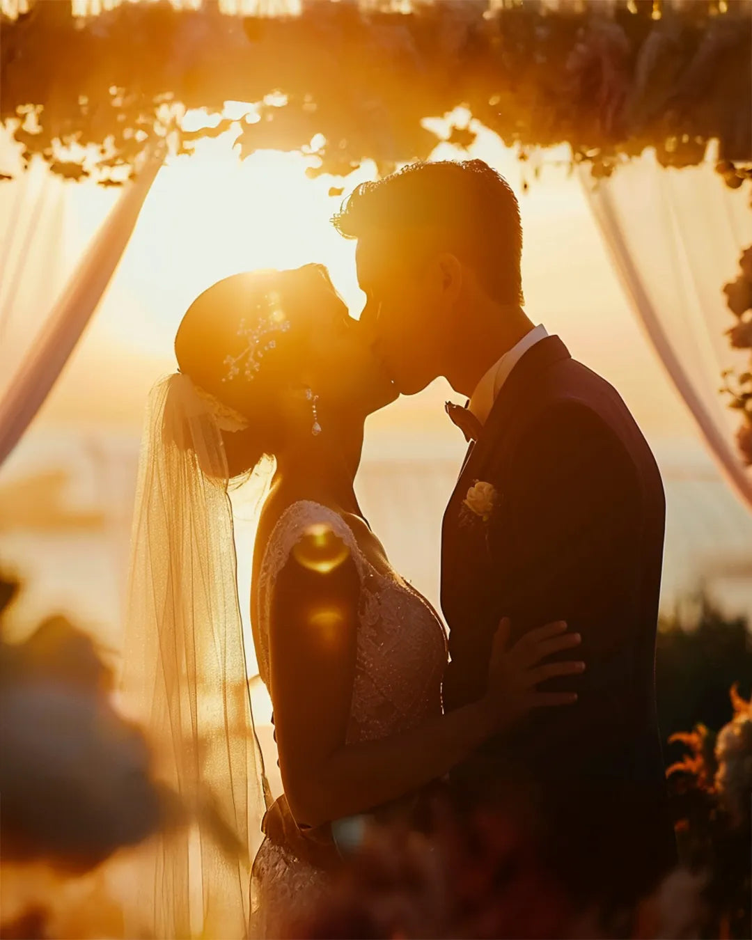 A beautiful silhouette of newlyweds sharing a tender kiss at sunset during their wedding ceremony. The golden light creates a romantic atmosphere, perfect for a personalized wooden puzzle that captures the magic of this special moment. Ideal as a wedding gift or a keepsake to celebrate love and memorable occasions
